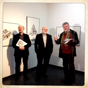Petre Lucaci a román UAP elnökeés Pavel Susara művészettörténész megnyitja kiállításom Simeza Bukarest 2014  